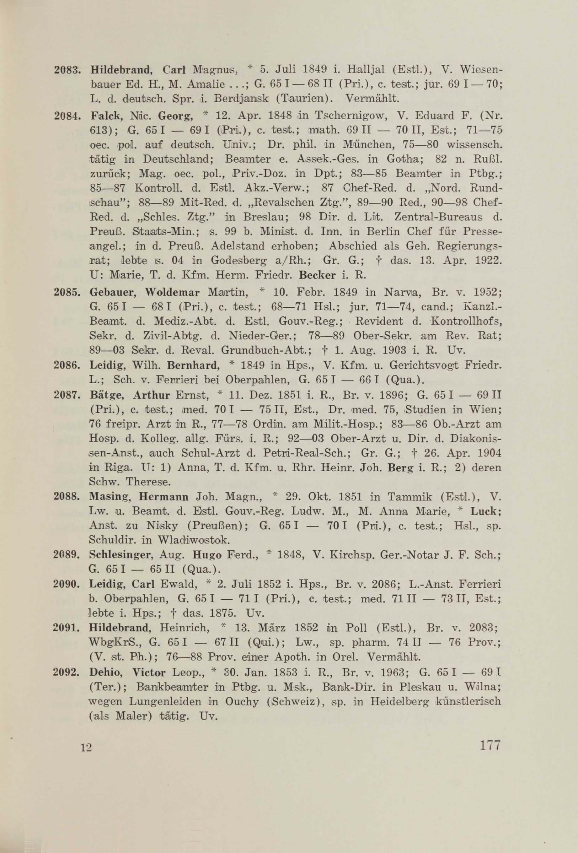 Schüler-Verzeichnis des Revalschen Gouvernements-Gymnasiums 1805–1890 (1931) | 187. (177) Haupttext