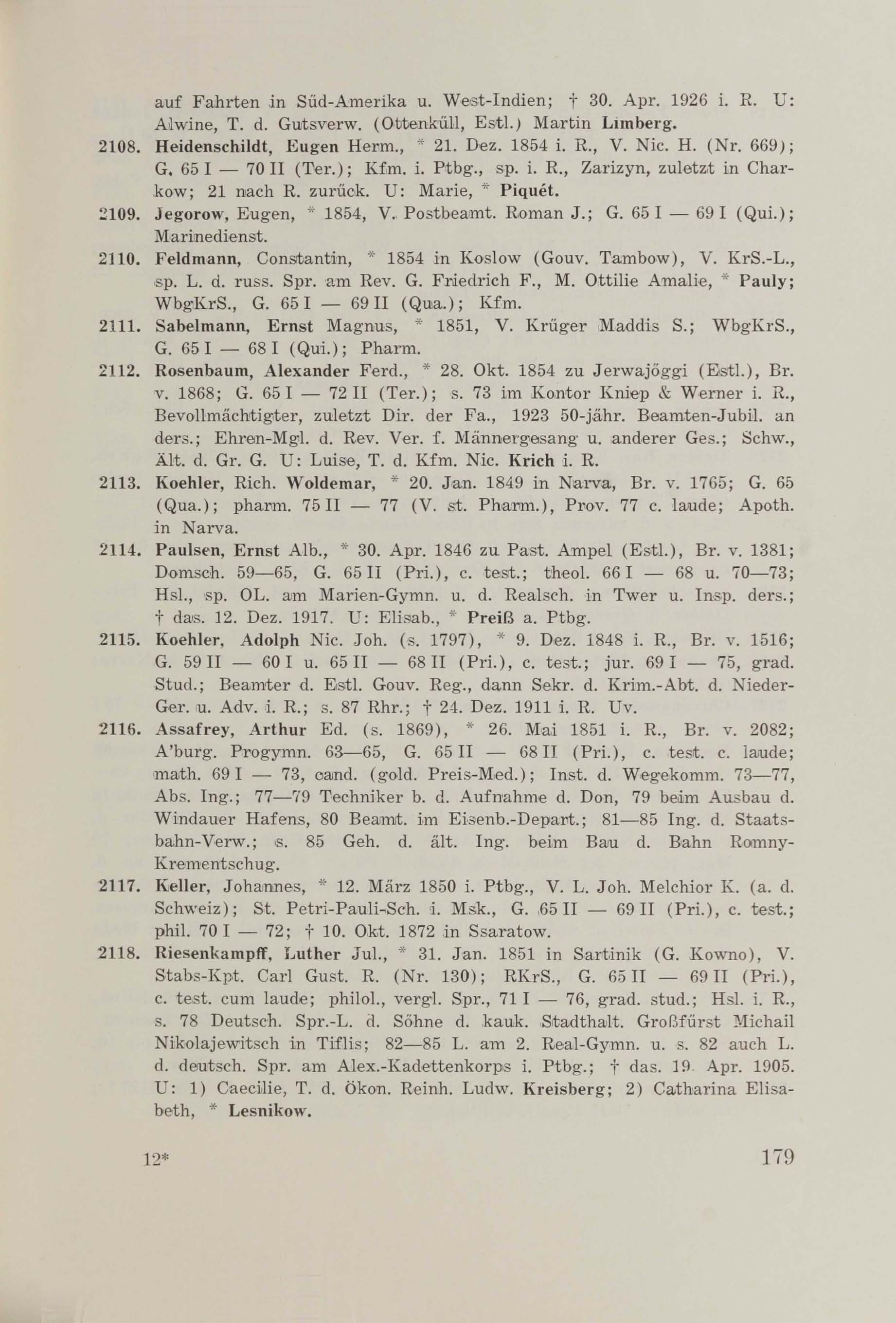 Schüler-Verzeichnis des Revalschen Gouvernements-Gymnasiums 1805–1890 (1931) | 189. (179) Основной текст