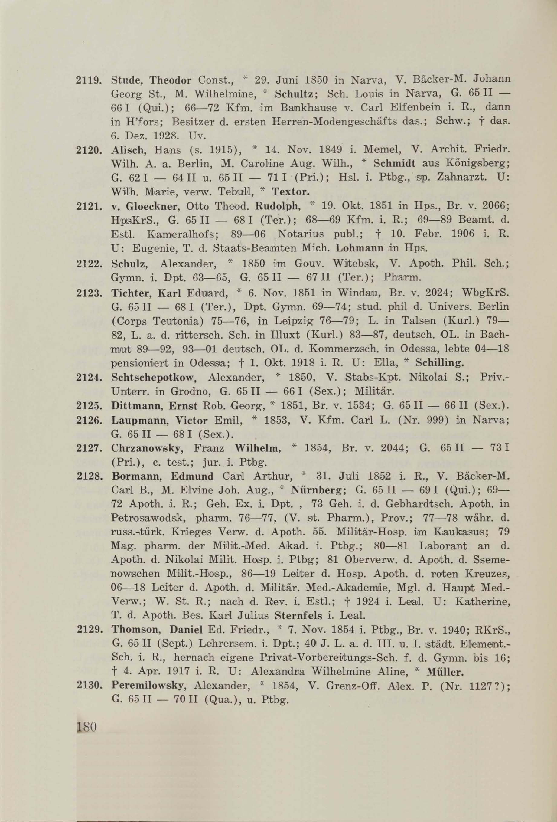 Schüler-Verzeichnis des Revalschen Gouvernements-Gymnasiums 1805–1890 (1931) | 190. (180) Main body of text