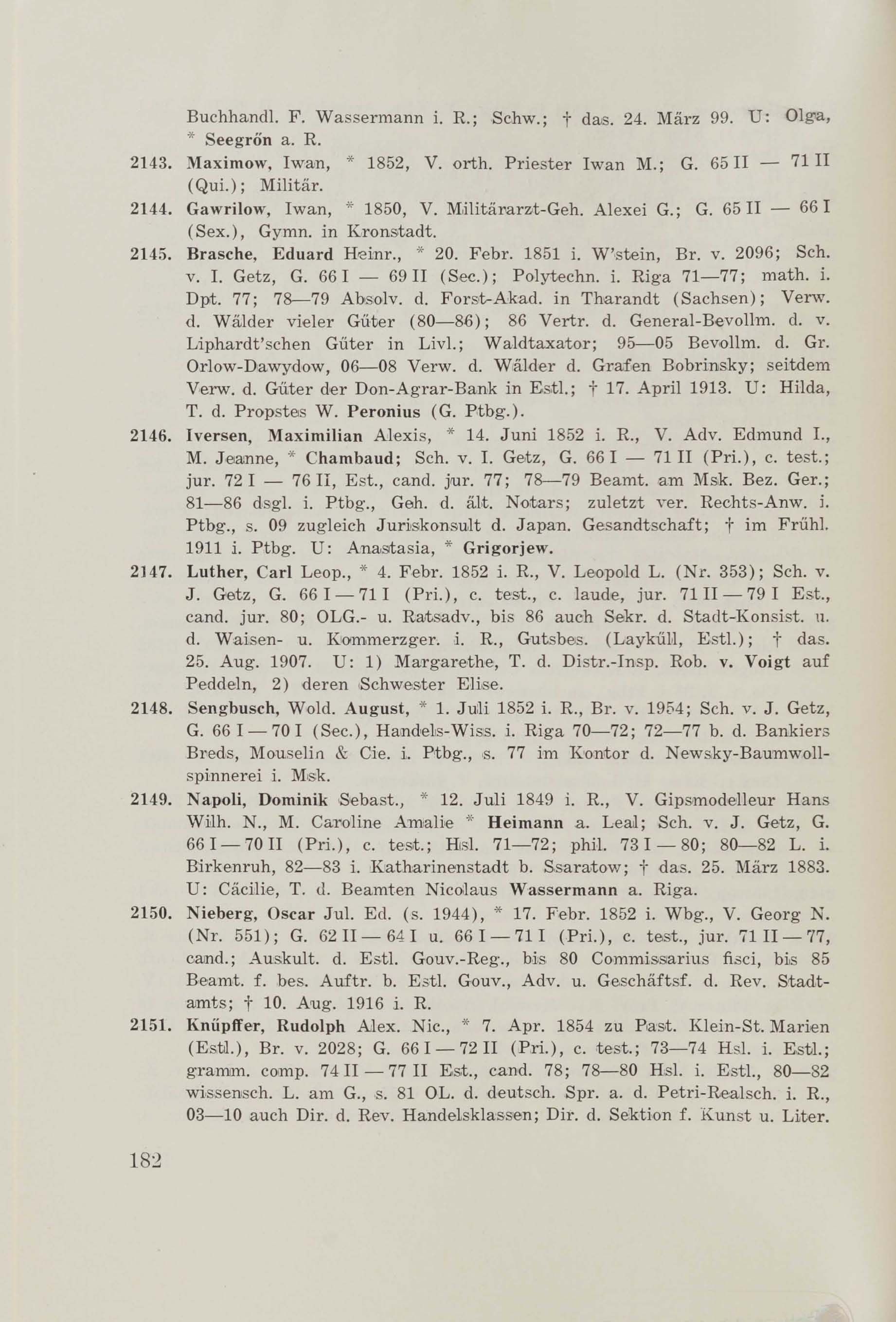 Schüler-Verzeichnis des Revalschen Gouvernements-Gymnasiums 1805–1890 (1931) | 192. (182) Main body of text