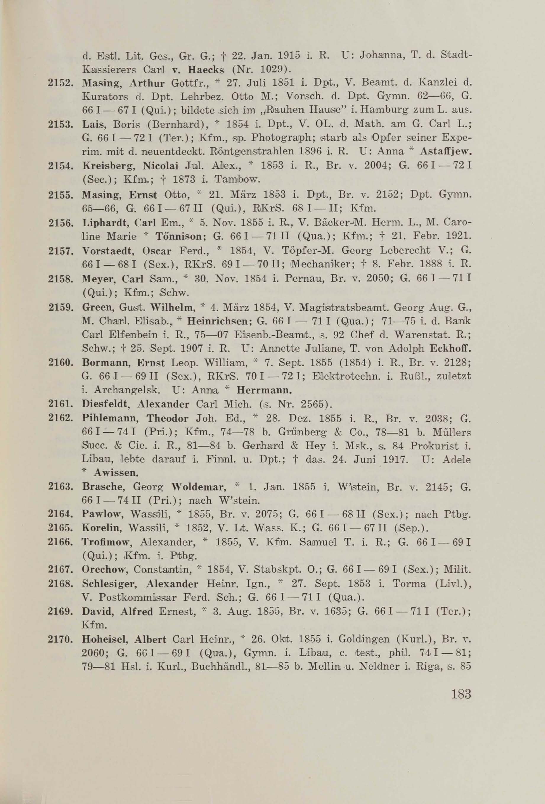 Schüler-Verzeichnis des Revalschen Gouvernements-Gymnasiums 1805–1890 (1931) | 193. (183) Main body of text
