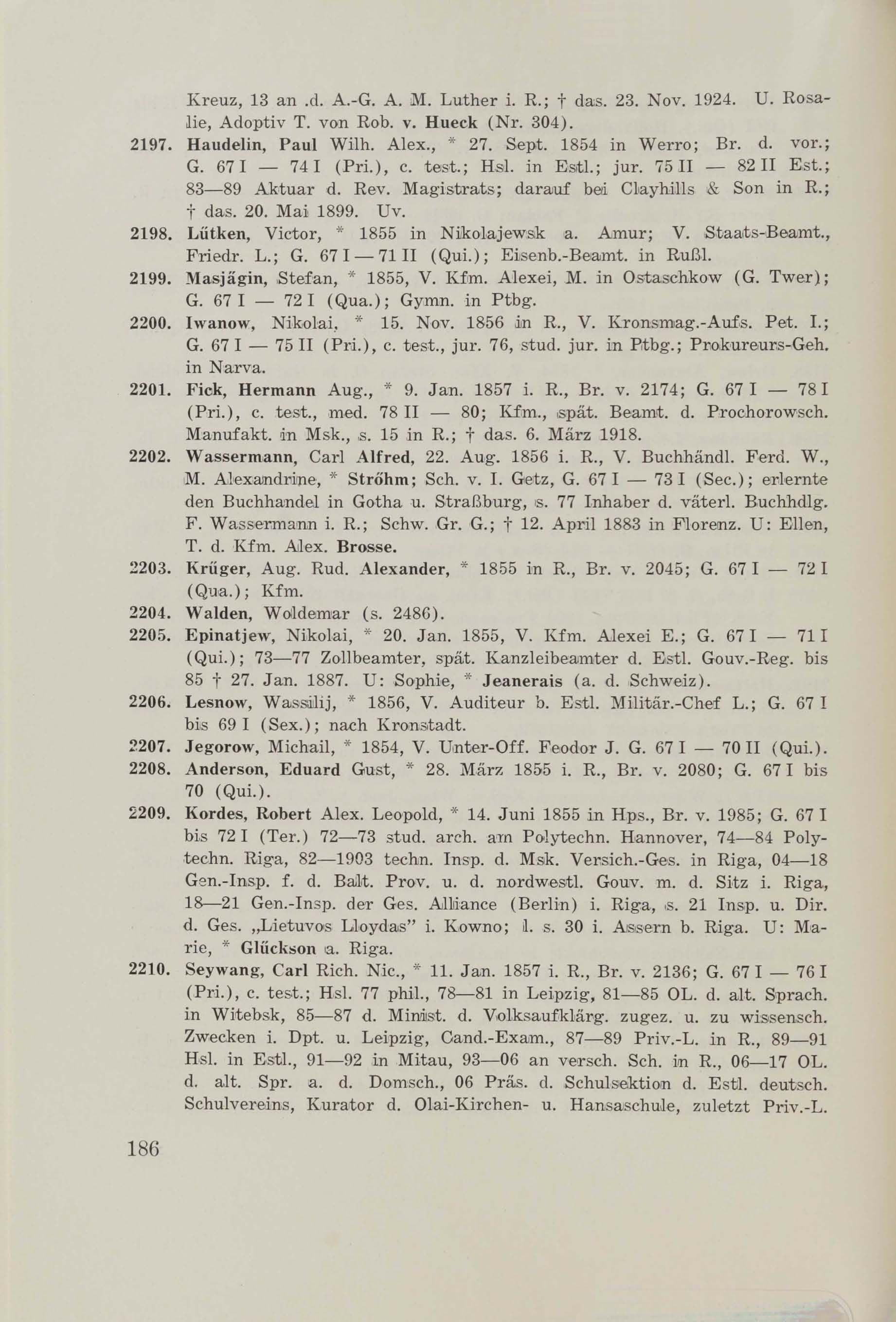 Schüler-Verzeichnis des Revalschen Gouvernements-Gymnasiums 1805–1890 (1931) | 196. (186) Основной текст