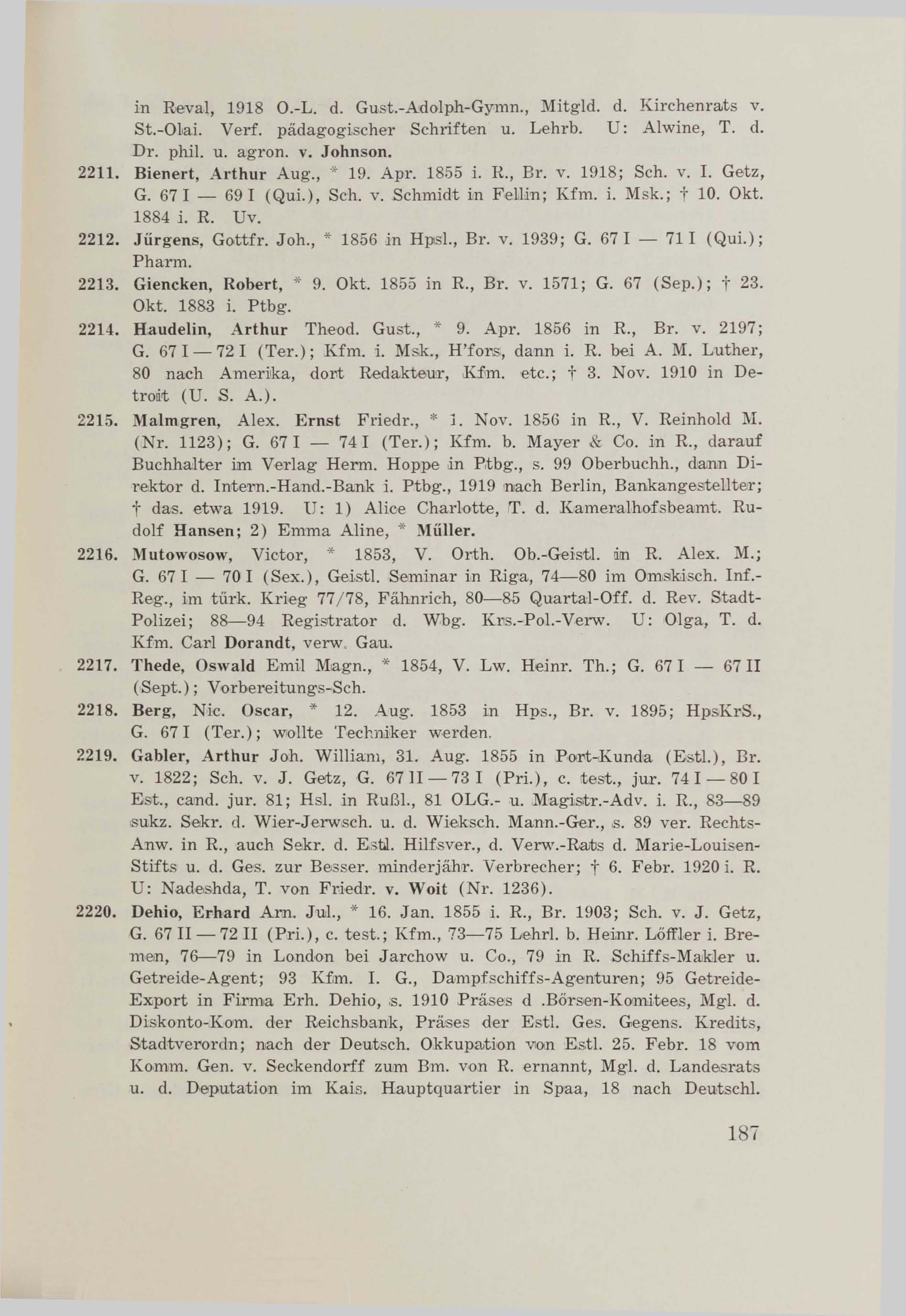Schüler-Verzeichnis des Revalschen Gouvernements-Gymnasiums 1805–1890 (1931) | 197. (187) Main body of text