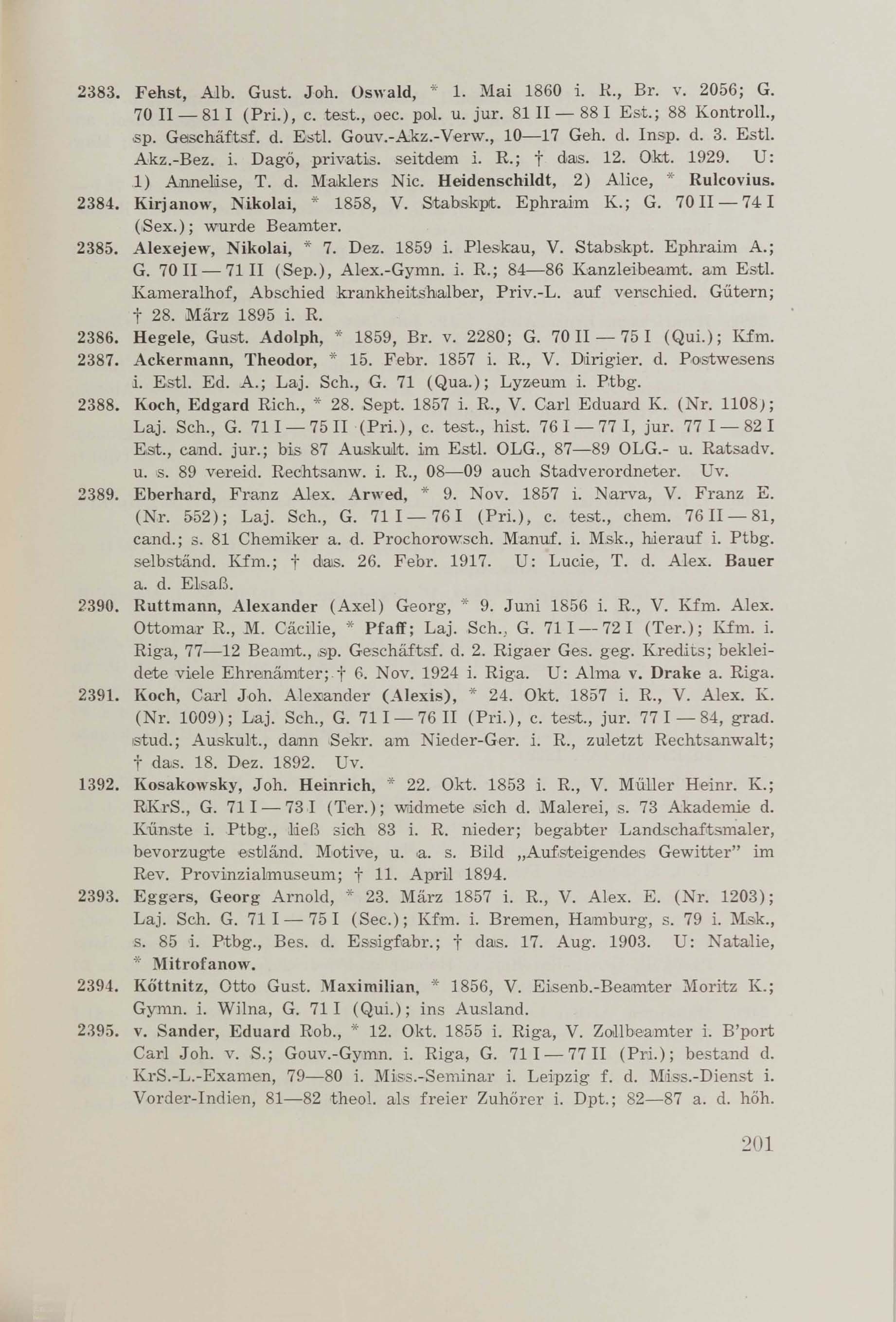 Schüler-Verzeichnis des Revalschen Gouvernements-Gymnasiums 1805–1890 (1931) | 211. (201) Main body of text
