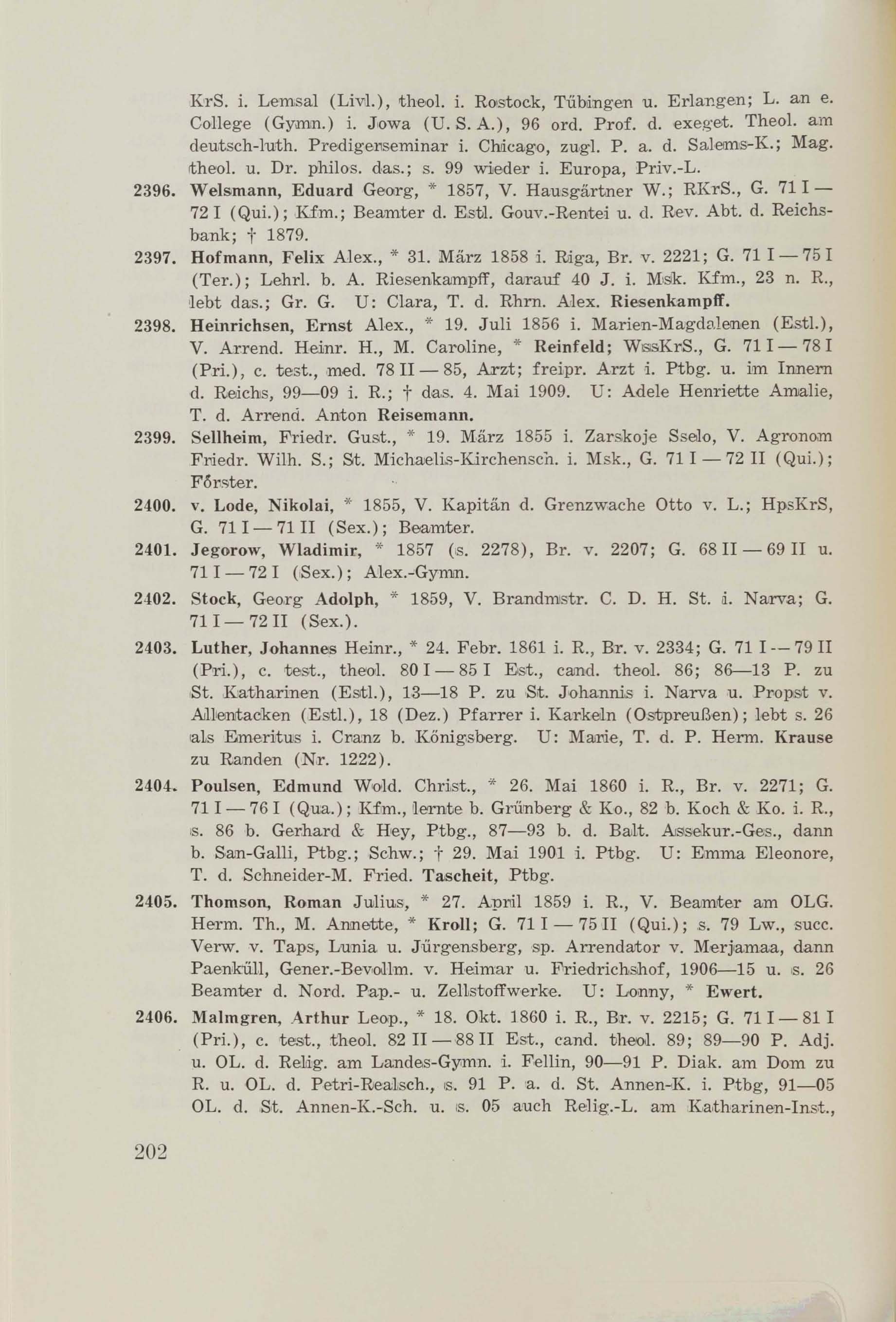Schüler-Verzeichnis des Revalschen Gouvernements-Gymnasiums 1805–1890 (1931) | 212. (202) Main body of text