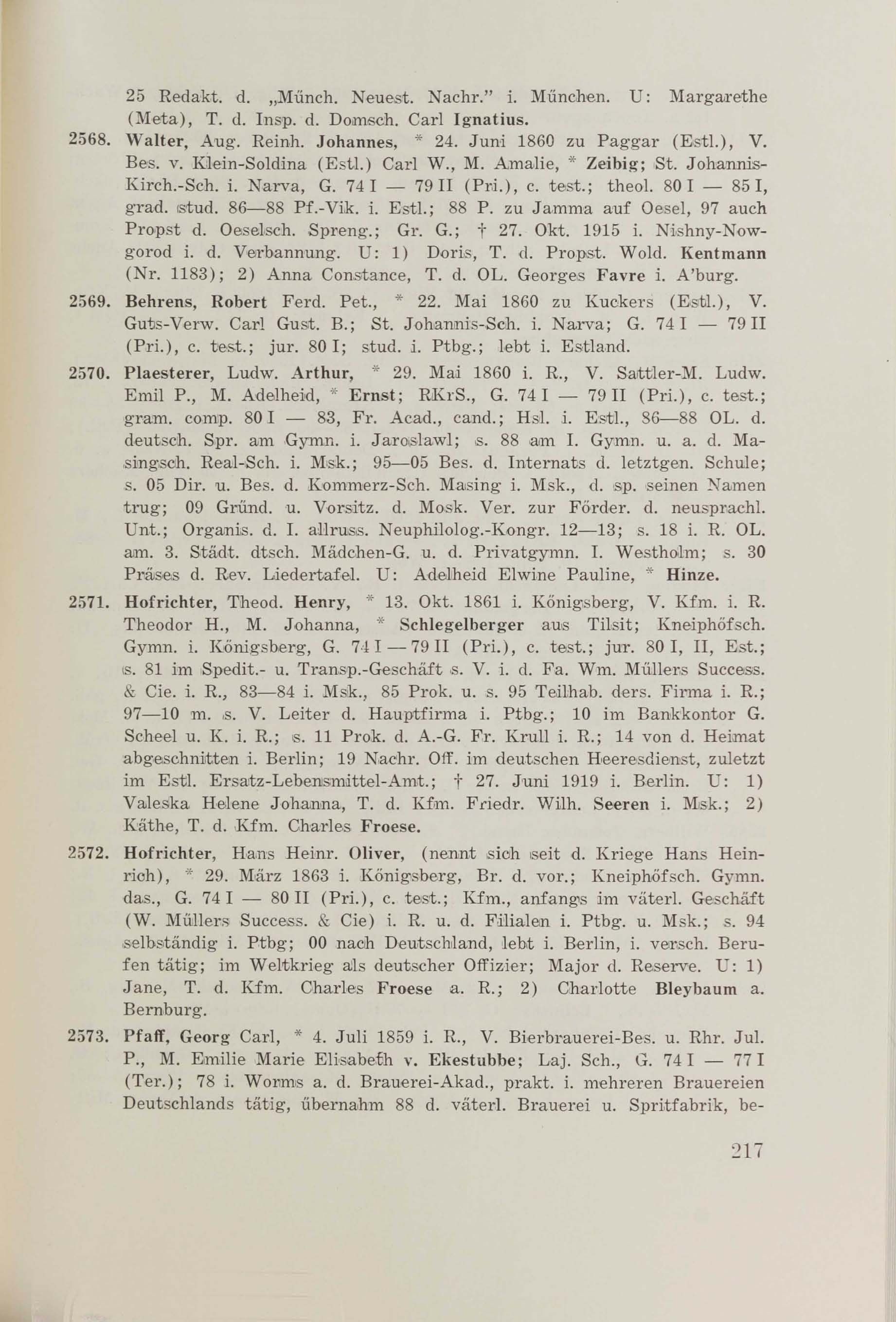 Schüler-Verzeichnis des Revalschen Gouvernements-Gymnasiums 1805–1890 (1931) | 227. (217) Main body of text