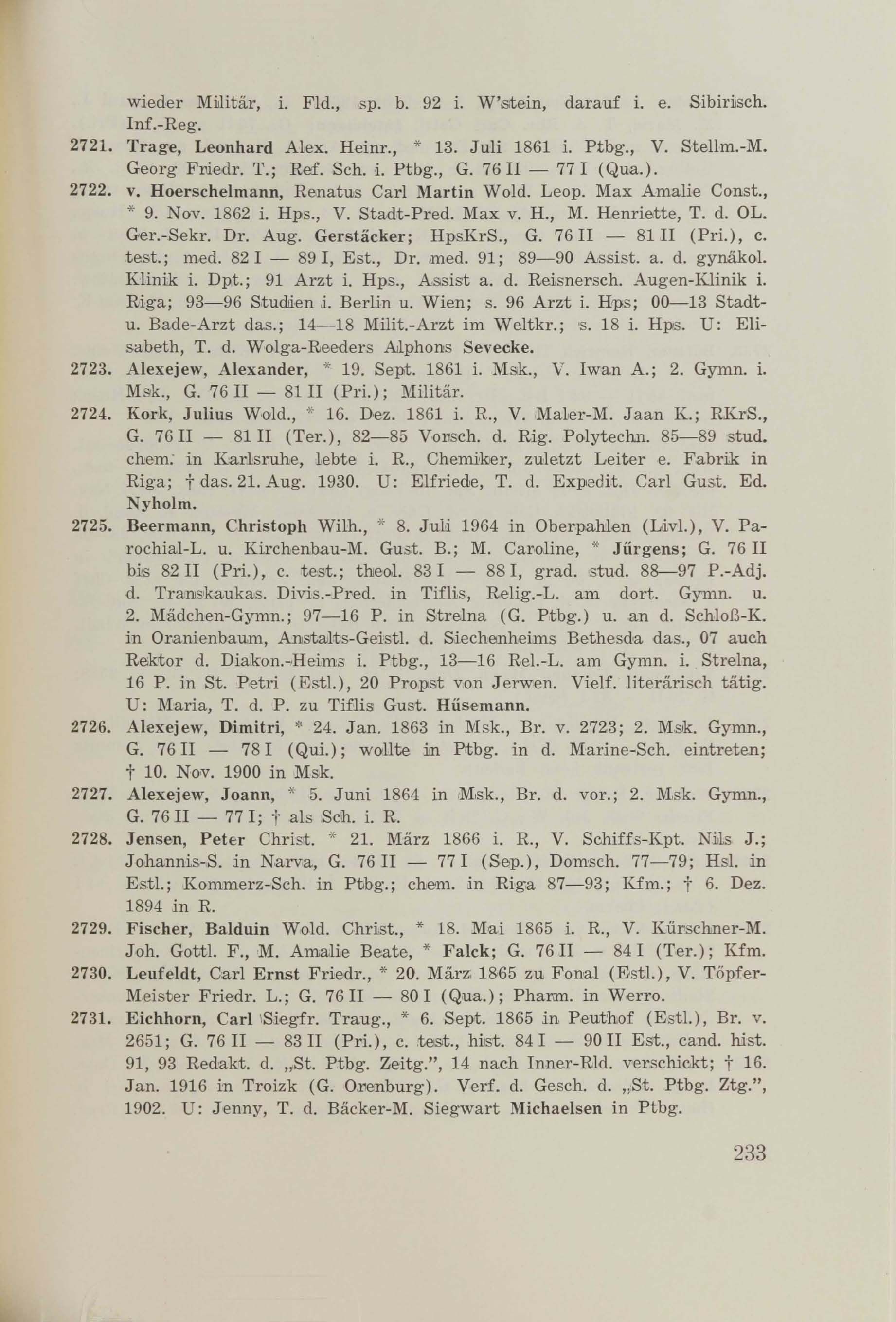 Schüler-Verzeichnis des Revalschen Gouvernements-Gymnasiums 1805–1890 (1931) | 243. (233) Main body of text