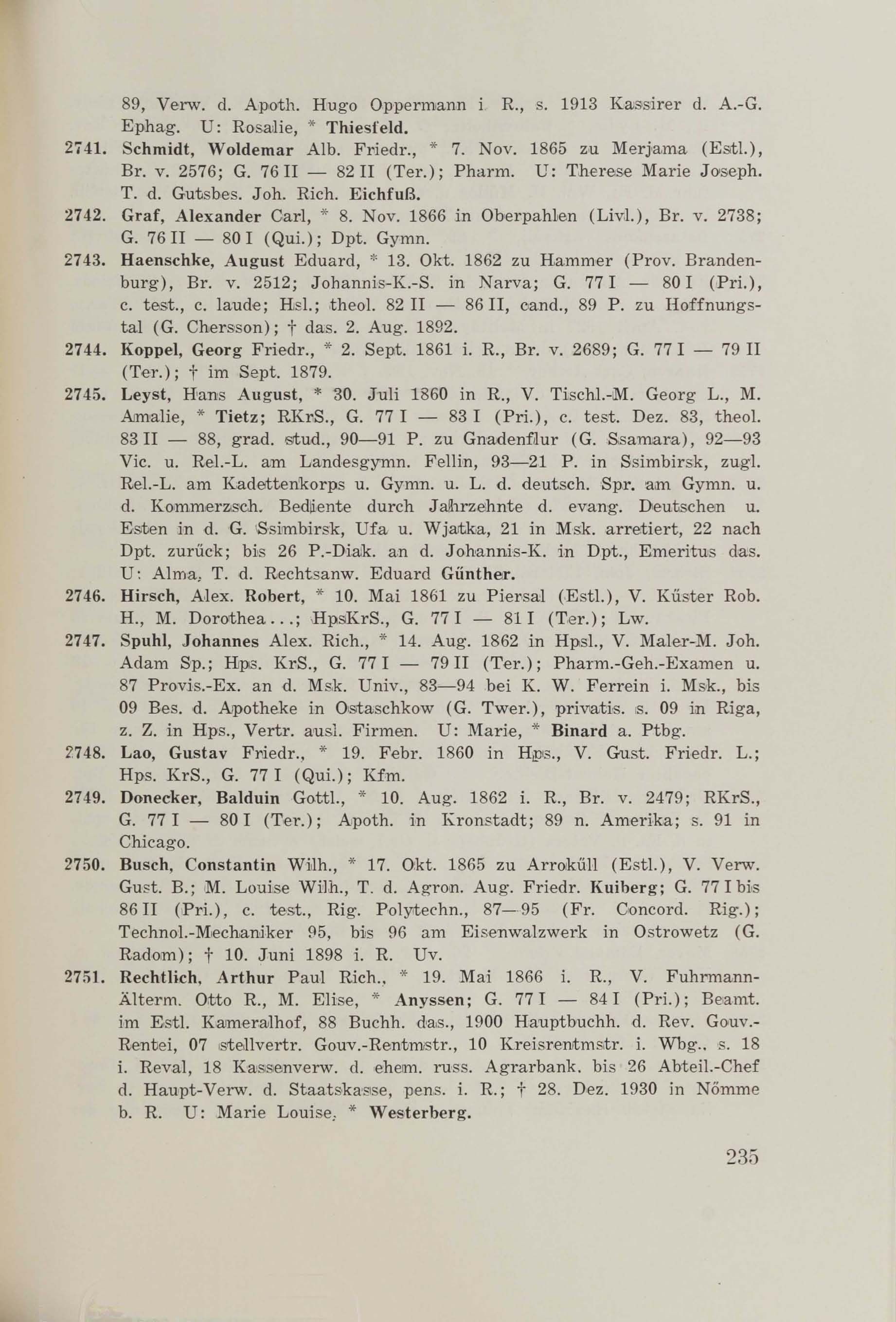 Schüler-Verzeichnis des Revalschen Gouvernements-Gymnasiums 1805–1890 (1931) | 245. (235) Main body of text