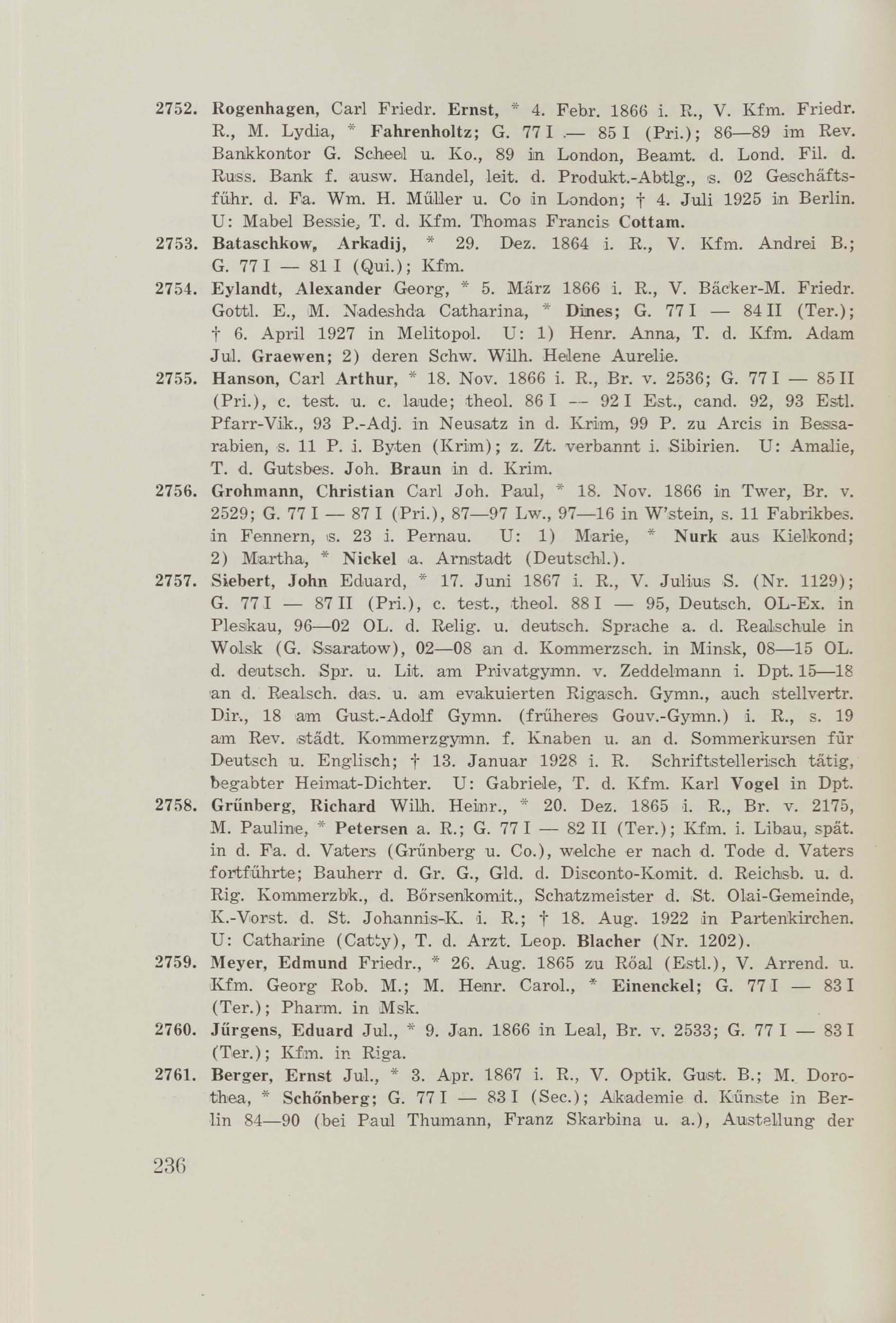 Schüler-Verzeichnis des Revalschen Gouvernements-Gymnasiums 1805–1890 (1931) | 246. (236) Main body of text