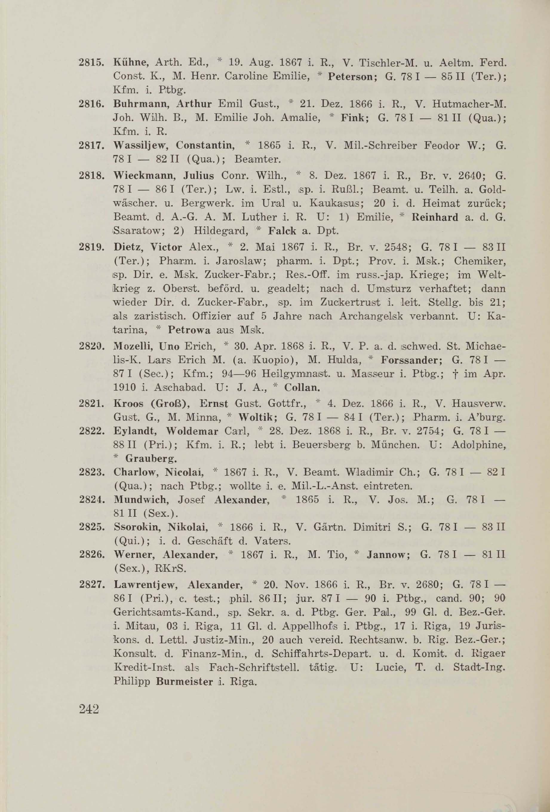 Schüler-Verzeichnis des Revalschen Gouvernements-Gymnasiums 1805–1890 (1931) | 252. (242) Main body of text