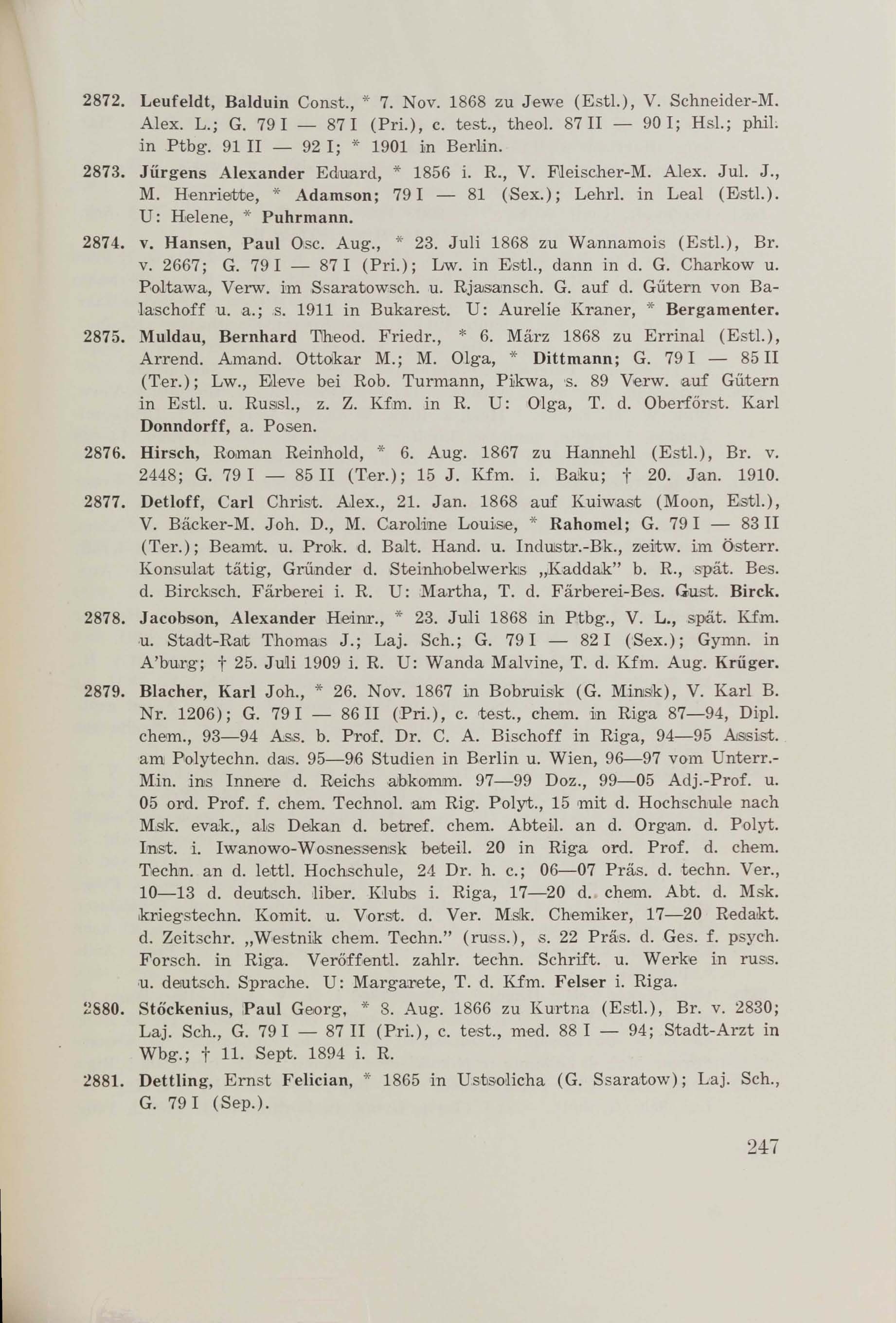 Schüler-Verzeichnis des Revalschen Gouvernements-Gymnasiums 1805–1890 (1931) | 257. (247) Main body of text