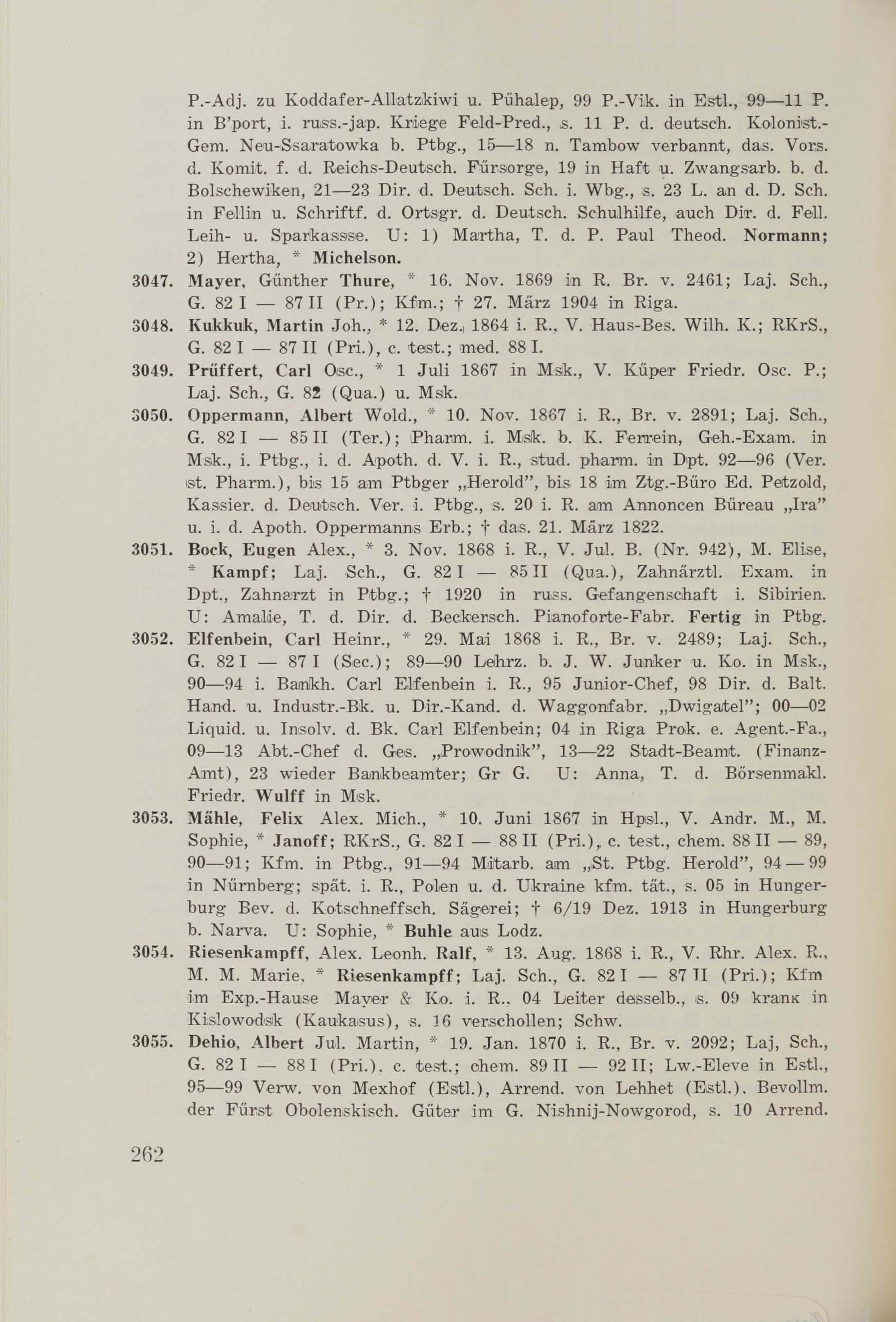 Schüler-Verzeichnis des Revalschen Gouvernements-Gymnasiums 1805–1890 (1931) | 272. (262) Main body of text