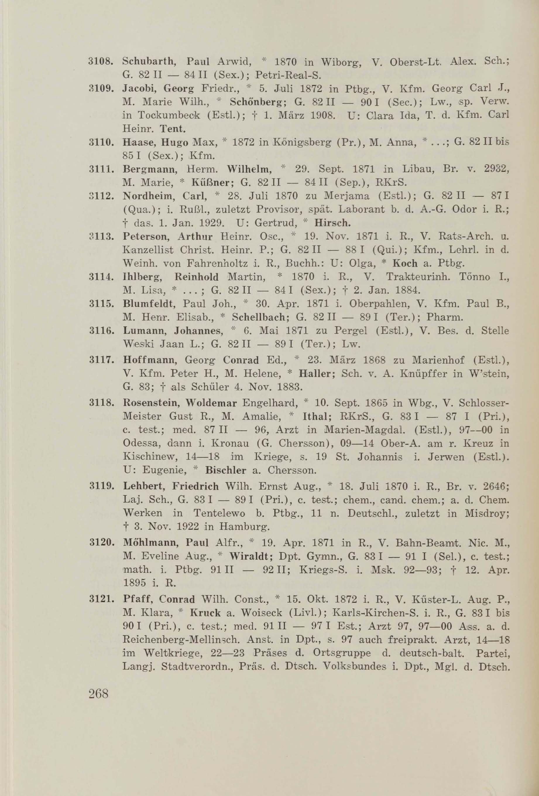 Schüler-Verzeichnis des Revalschen Gouvernements-Gymnasiums 1805–1890 (1931) | 278. (268) Main body of text