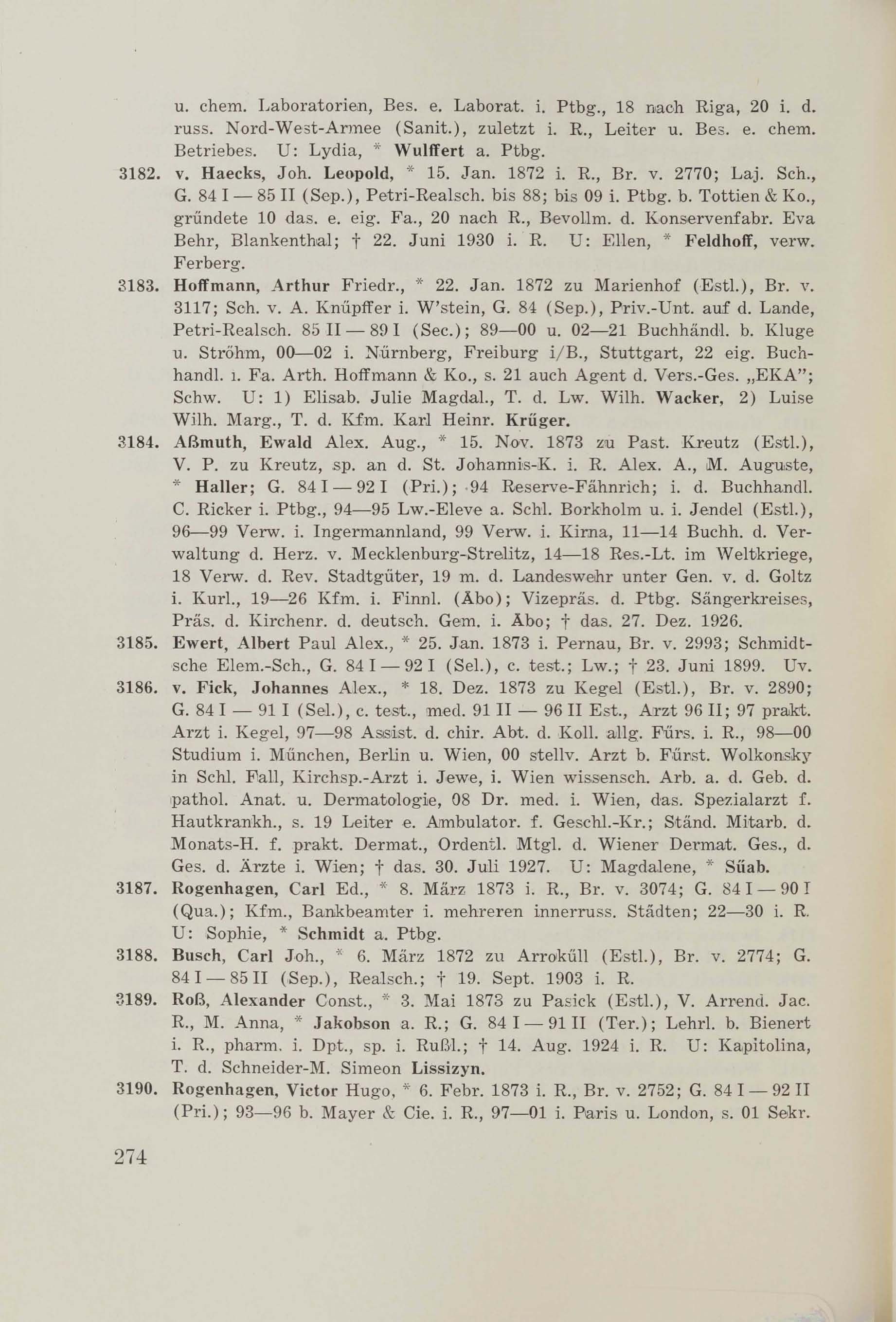 Schüler-Verzeichnis des Revalschen Gouvernements-Gymnasiums 1805–1890 (1931) | 284. (274) Main body of text