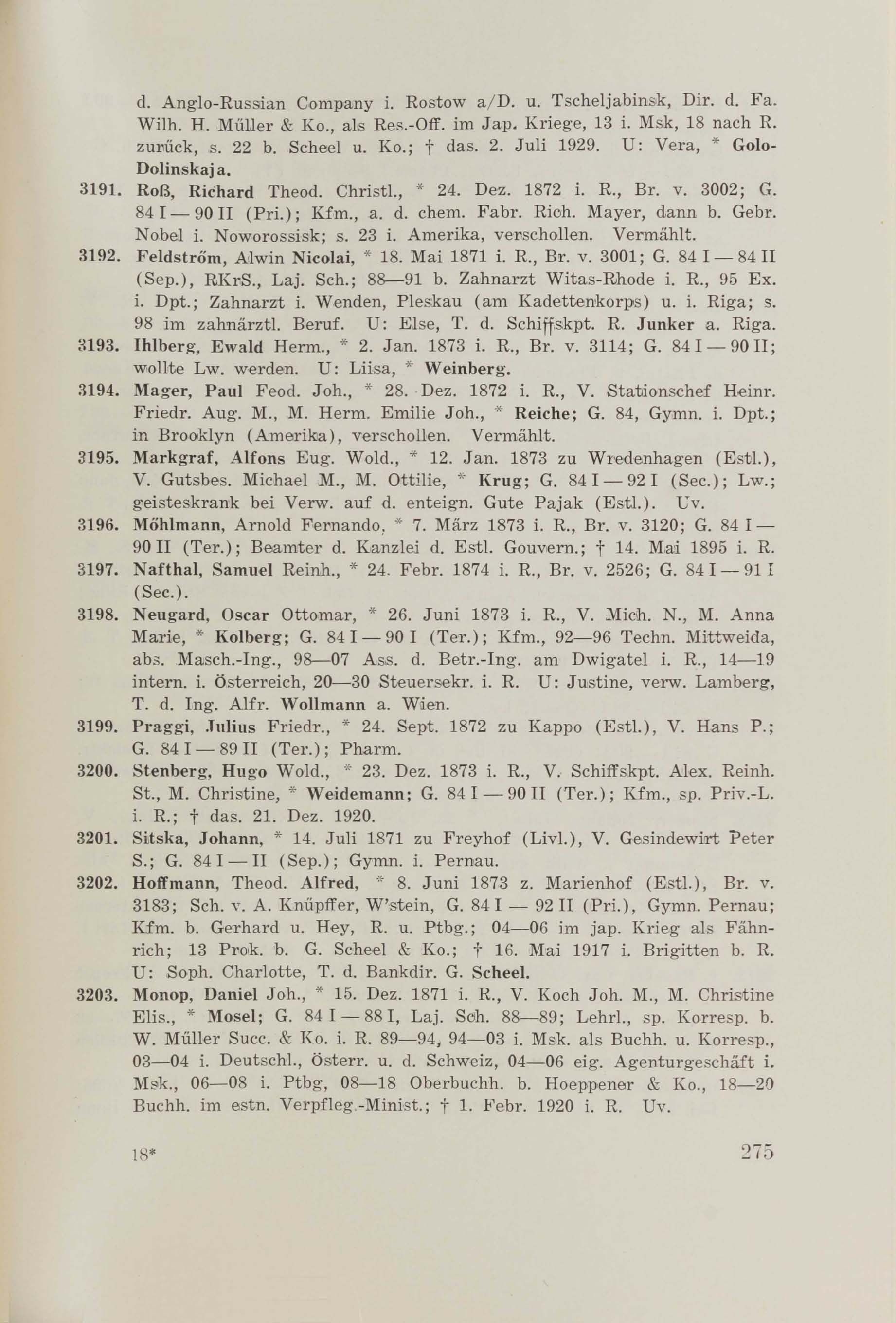 Schüler-Verzeichnis des Revalschen Gouvernements-Gymnasiums 1805–1890 (1931) | 285. (275) Main body of text
