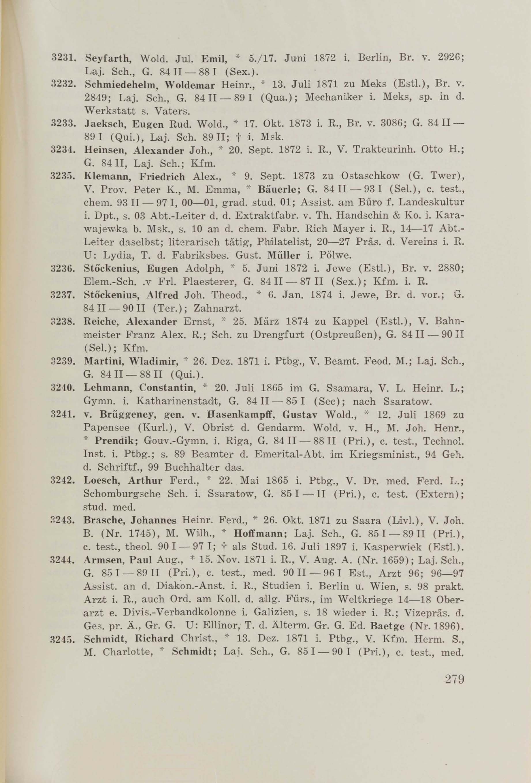 Schüler-Verzeichnis des Revalschen Gouvernements-Gymnasiums 1805–1890 (1931) | 289. (279) Main body of text