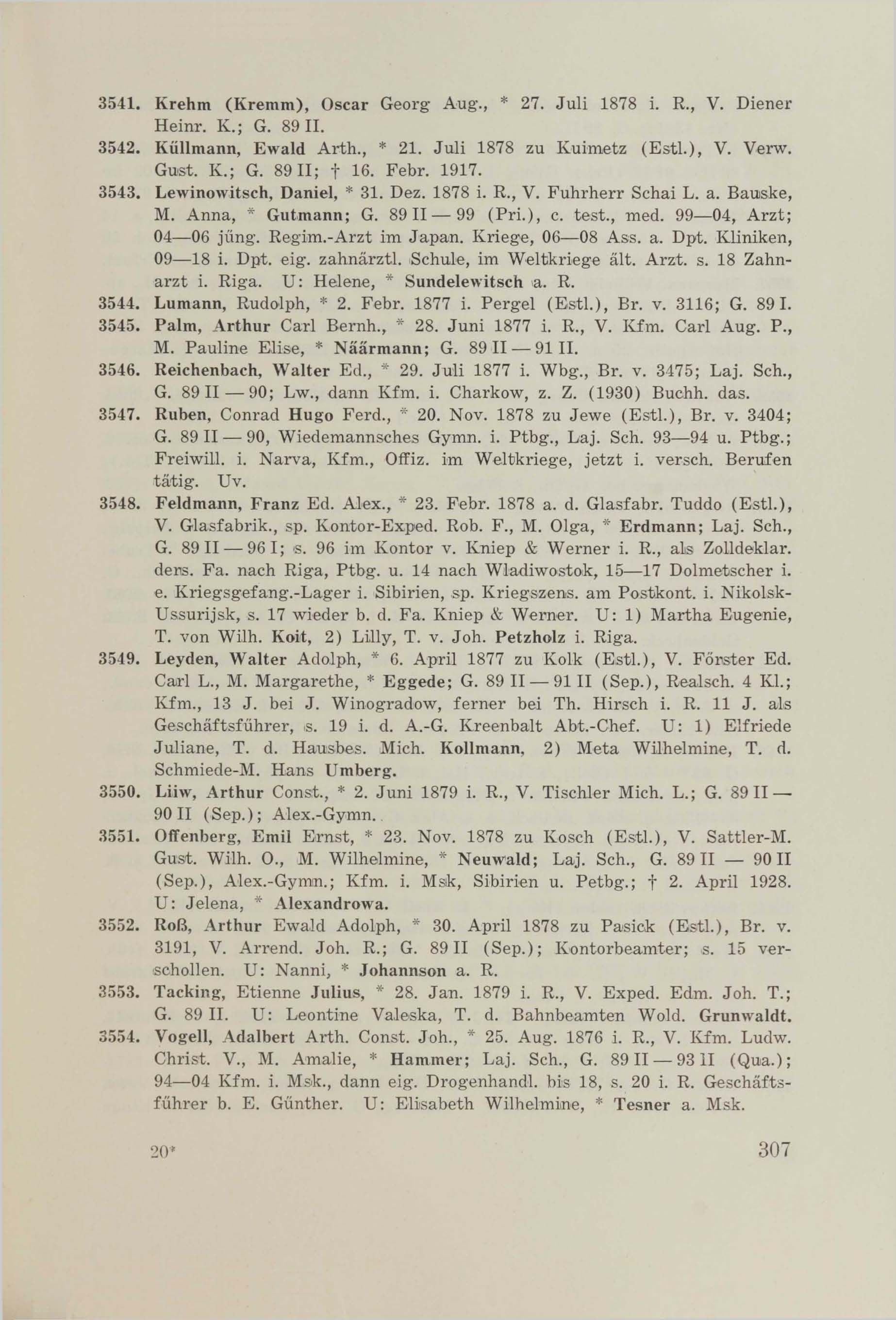 Schüler-Verzeichnis des Revalschen Gouvernements-Gymnasiums 1805–1890 (1931) | 317. (307) Main body of text