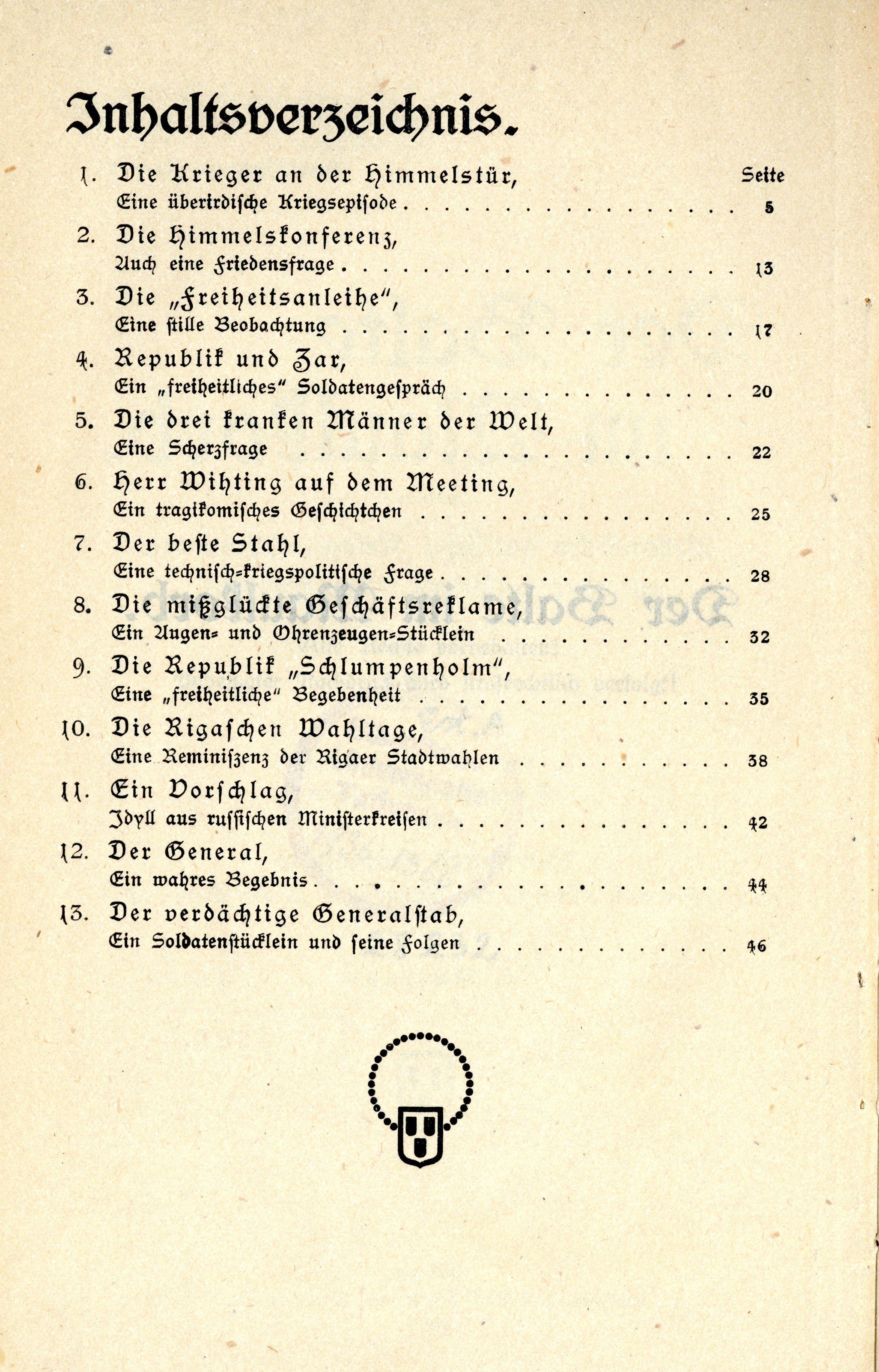 Der Balte im Maulkorb (1917) | 5. Table of contents