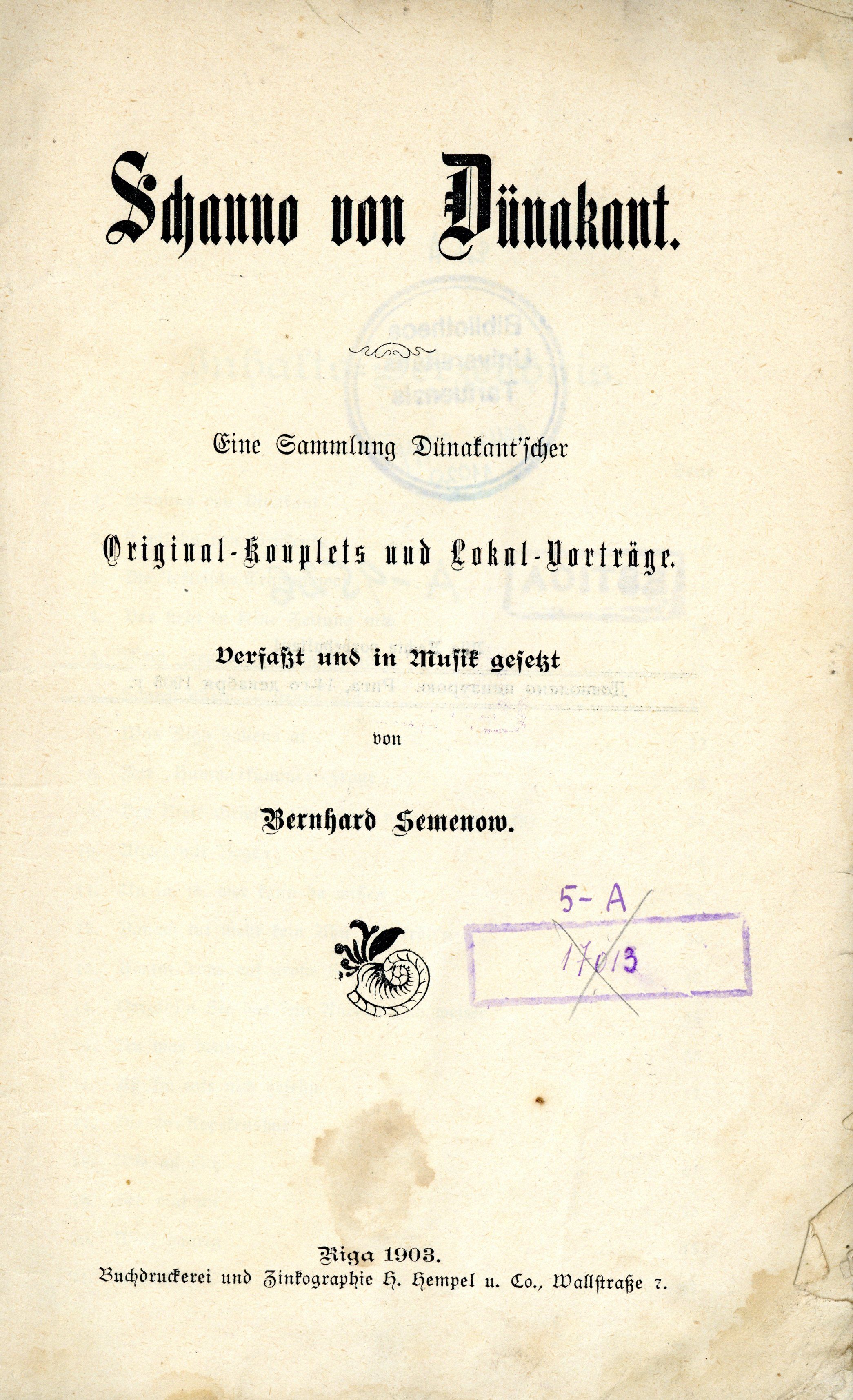 Schanno von Dünakant (1903) | 2. Титульный лист