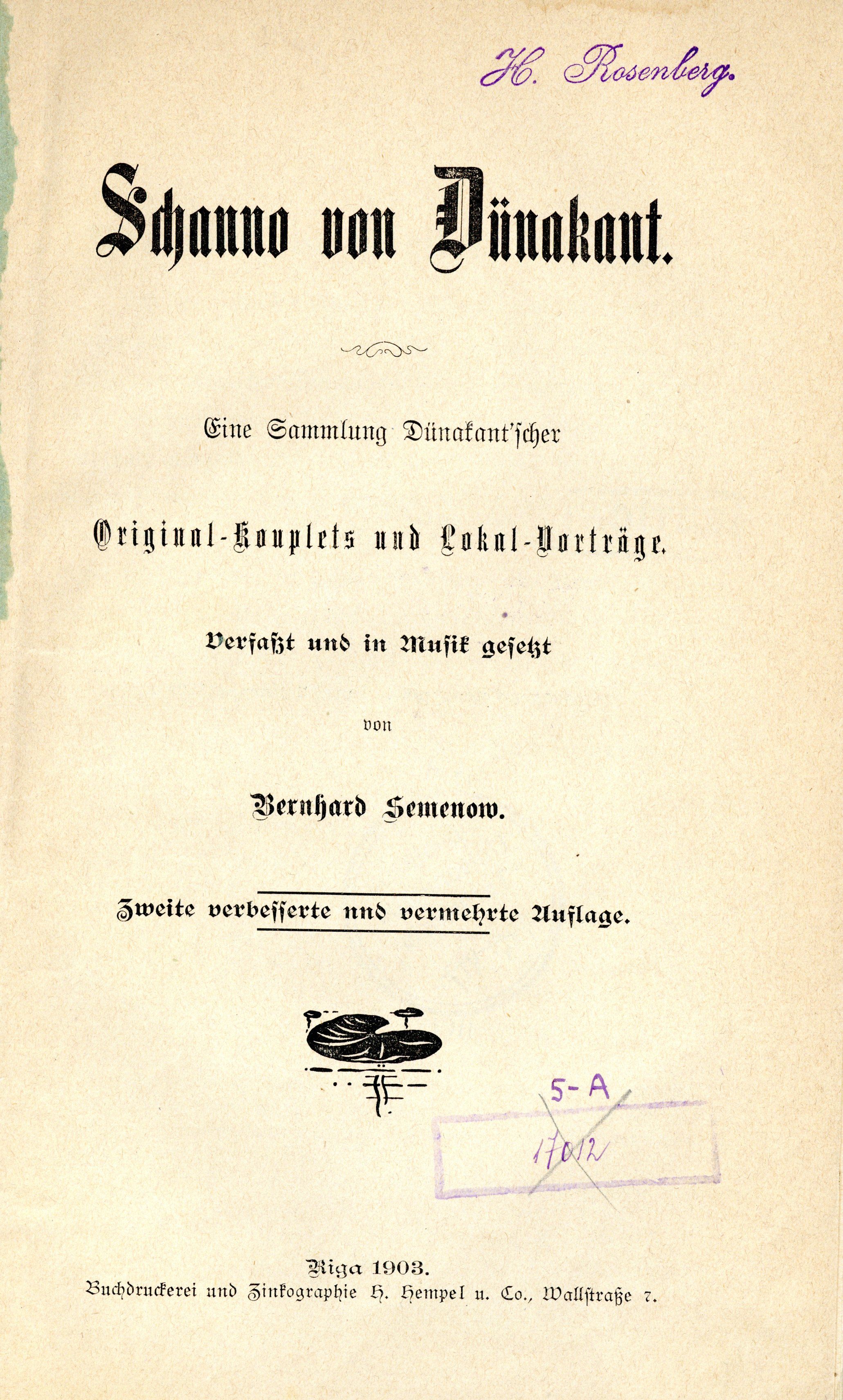 Schanno von Dünakant (1904) | 2. Titelblatt