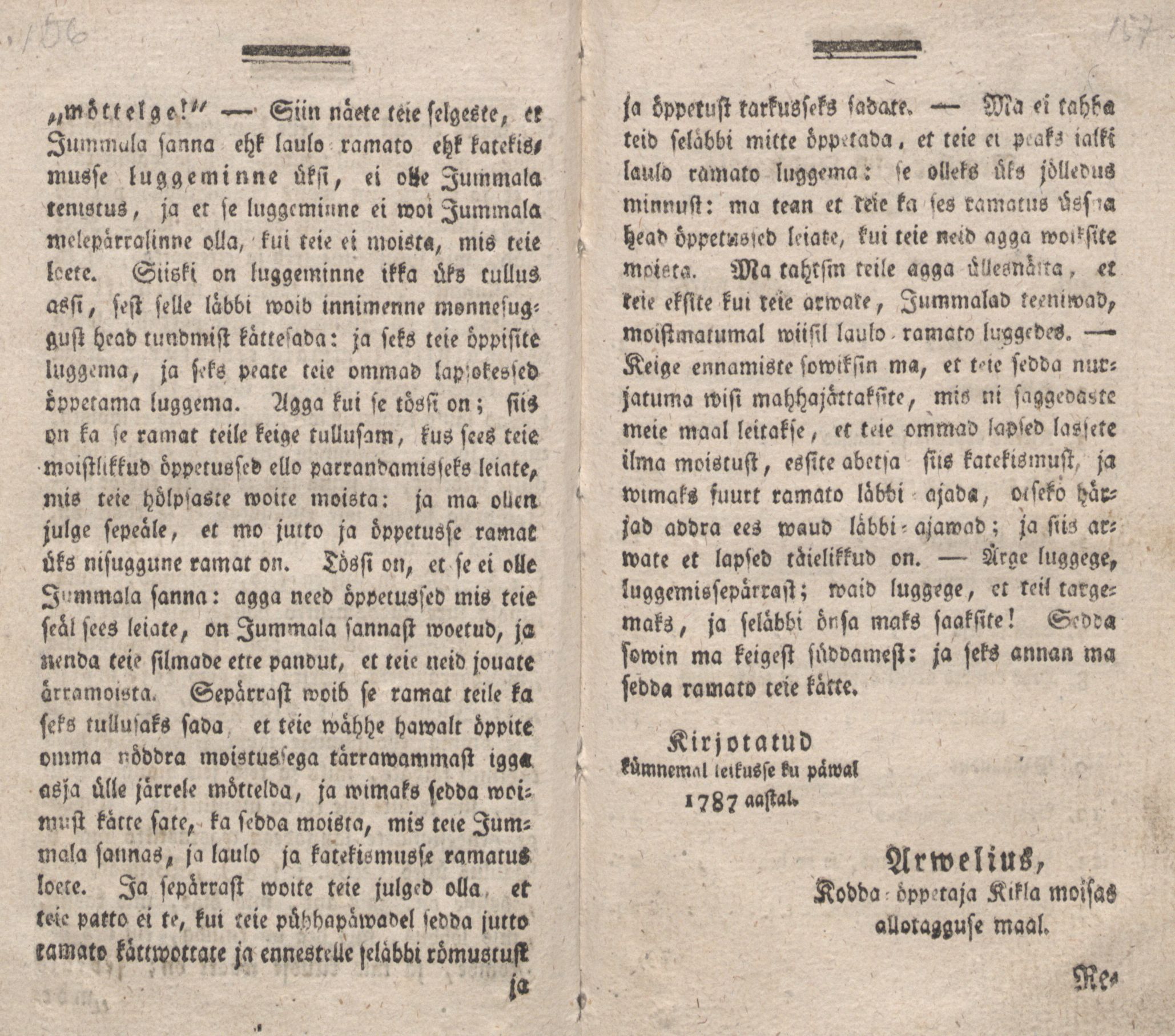 Üks Kaunis Jutto- ja Öppetusse-Ramat [2] (1787) | 80. (156-157) Järelsõna