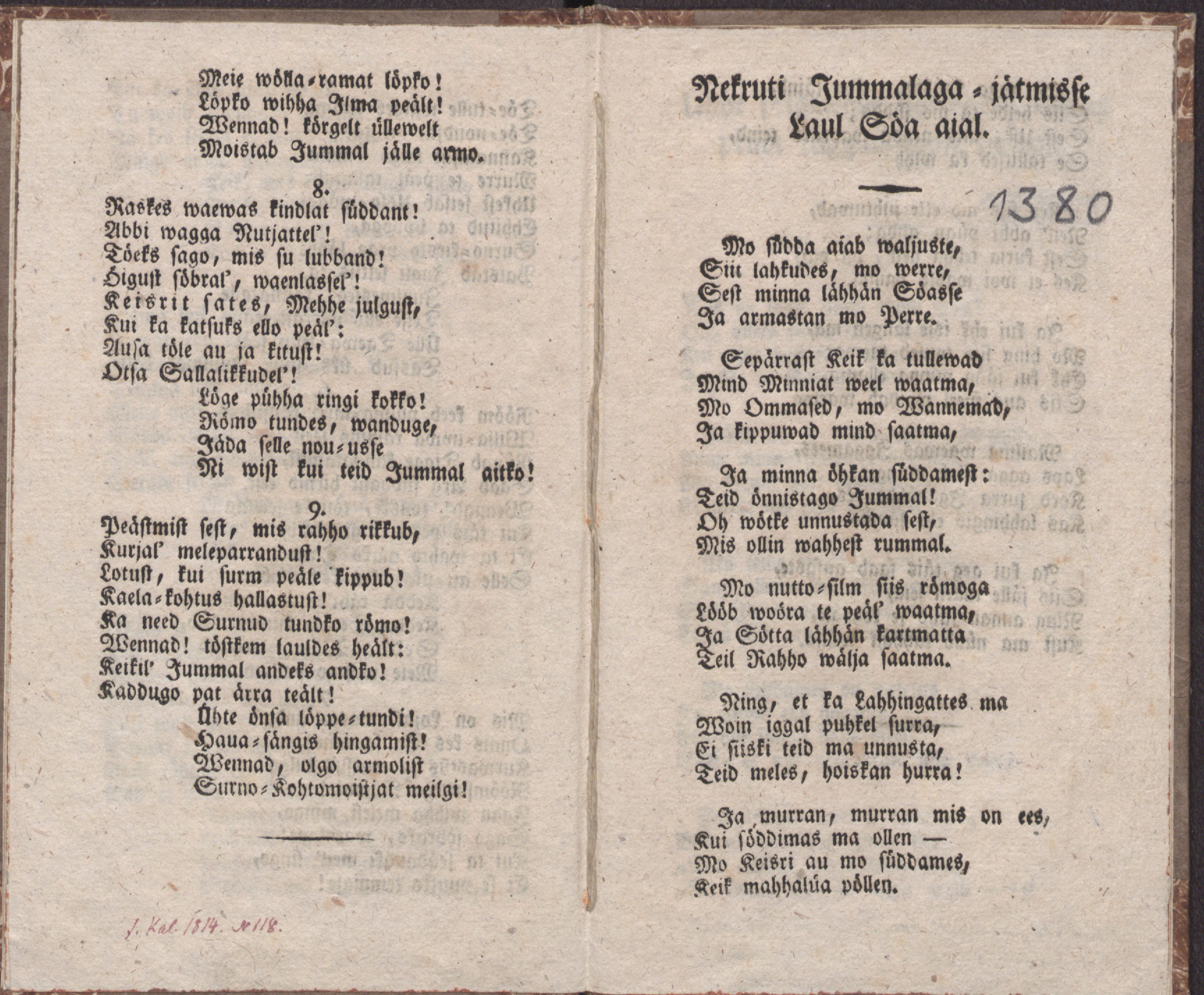 Nekruti Jummalaga-jätmisse Laul Söa aial (1815) | 1. Main body of text