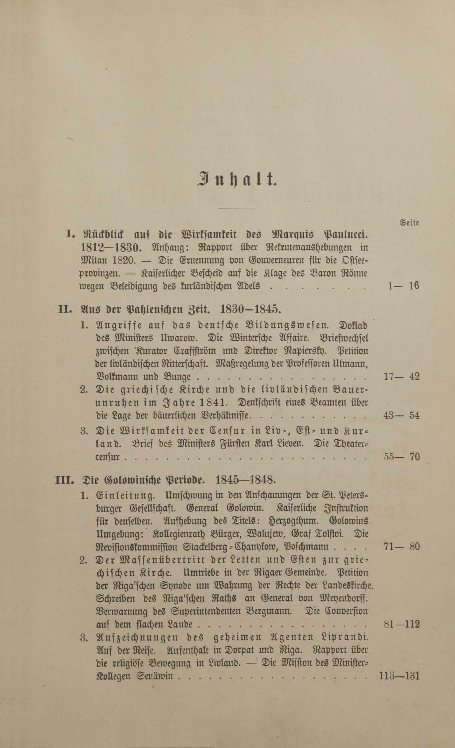 Fünfzig Jahre Russischer Verwaltung in den Baltischen Provinzen (1883) | 3. (III) Sisukord