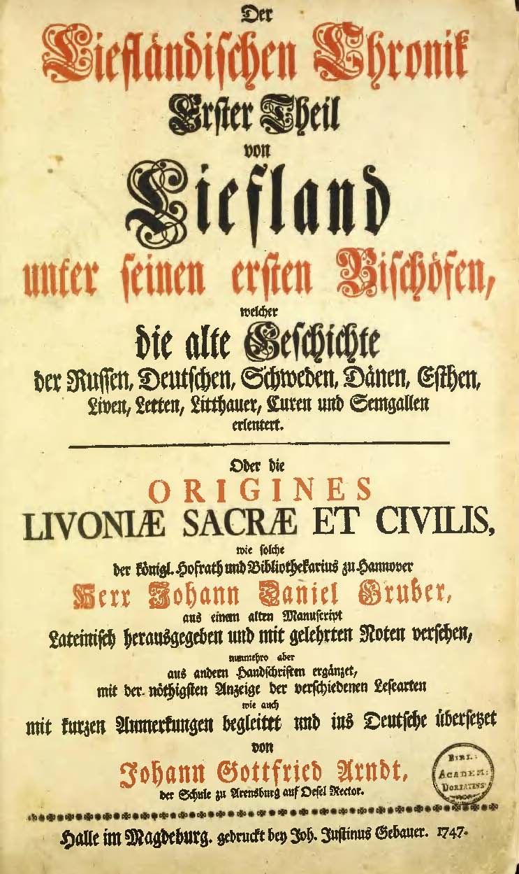 Der Liefländischen Chronik Erster Theil (1747) | 1. Tiitelleht