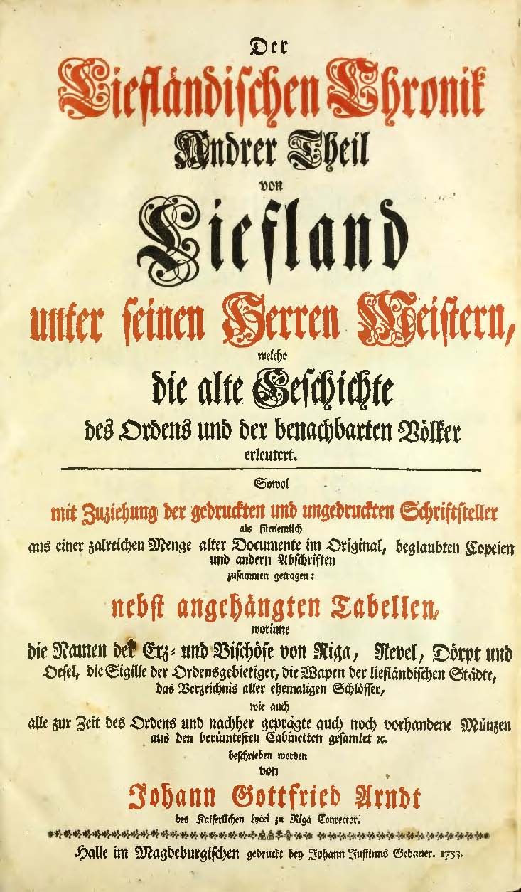 Der Liefländischen Chronik Andrer Theil (1753) | 1. Tiitelleht