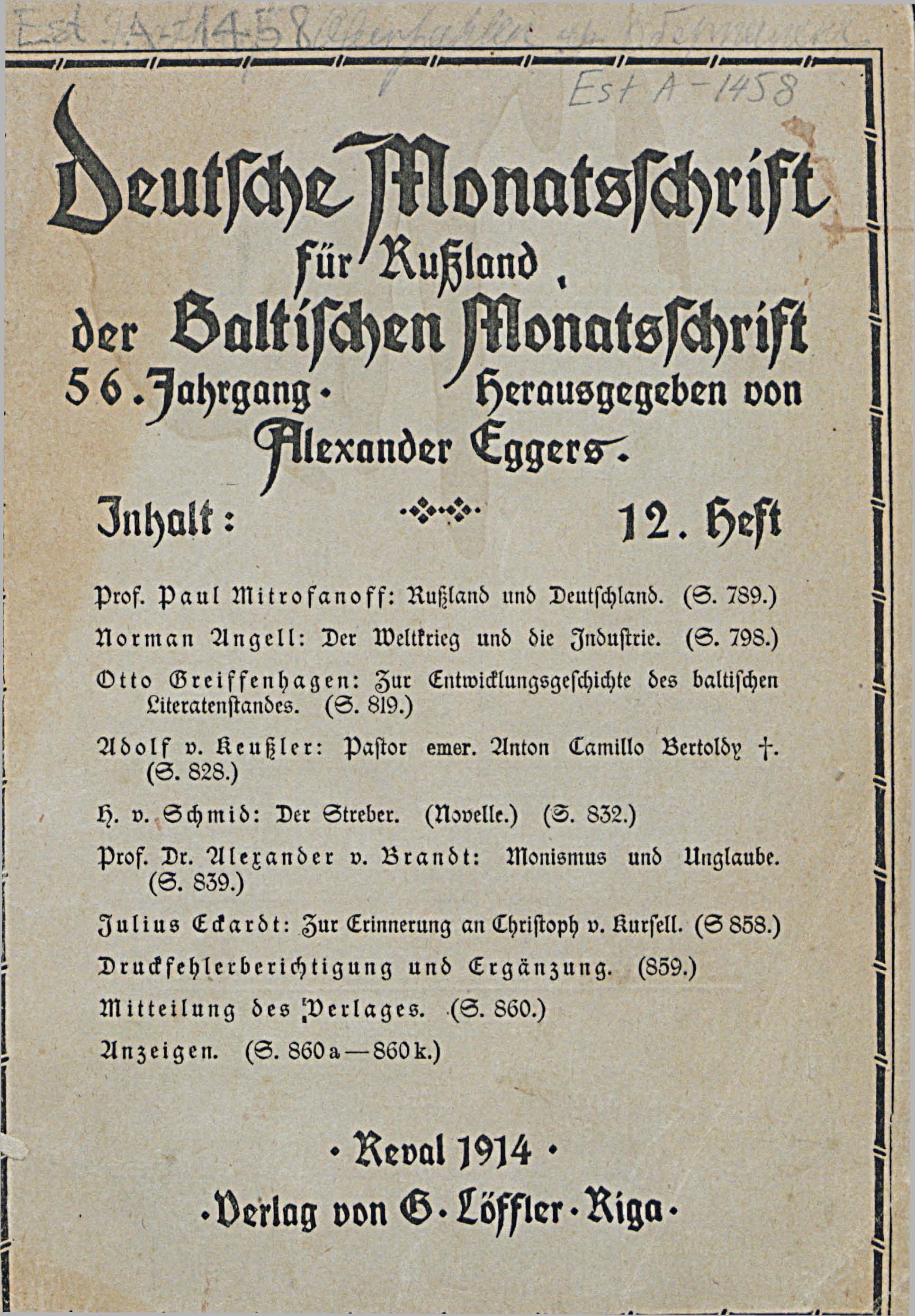 Deutsche Monatsschrift für Russland [3/12] (1914) | 1. Title page