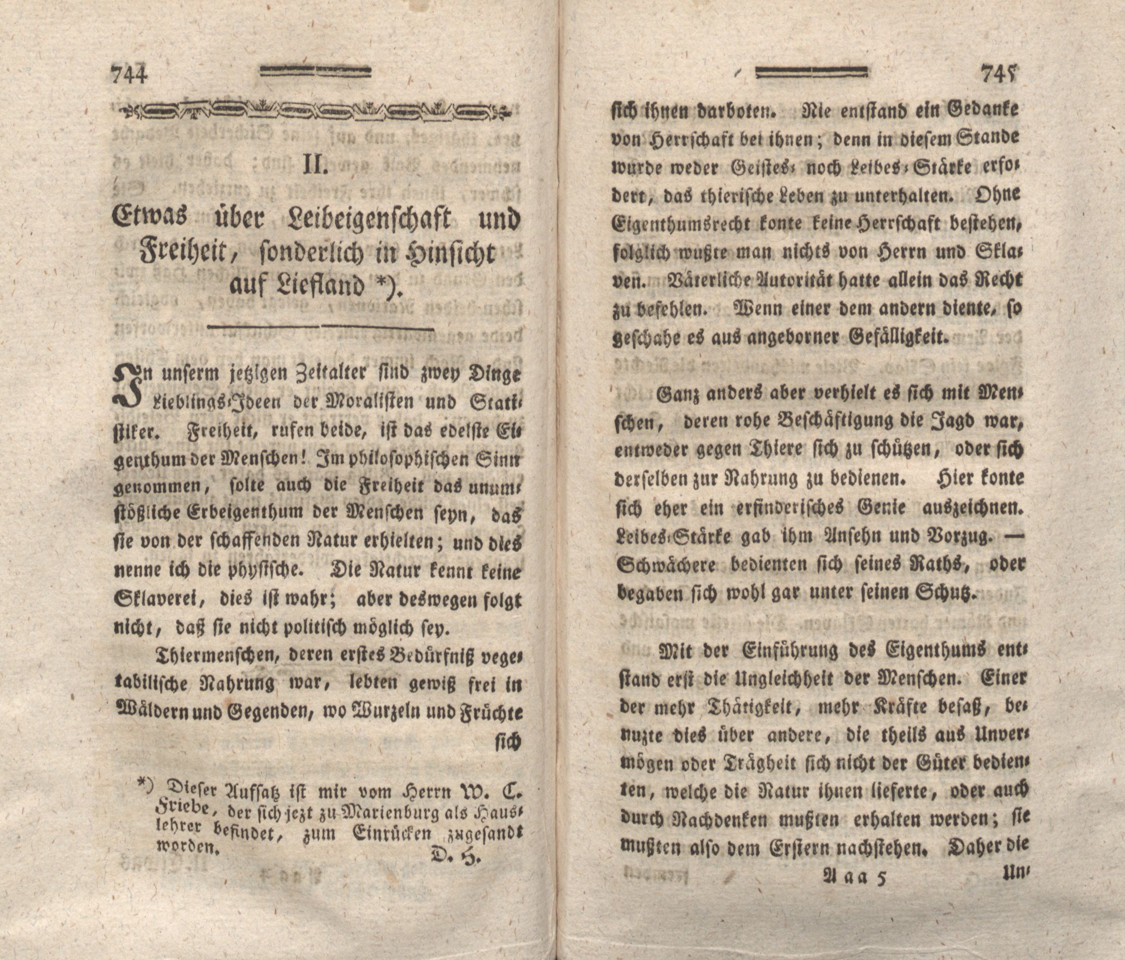 Etwas über Leibeigenschaft und Freiheit, sonderlich in Hinsicht auf Liefland (1788) | 1. (744-745) Haupttext