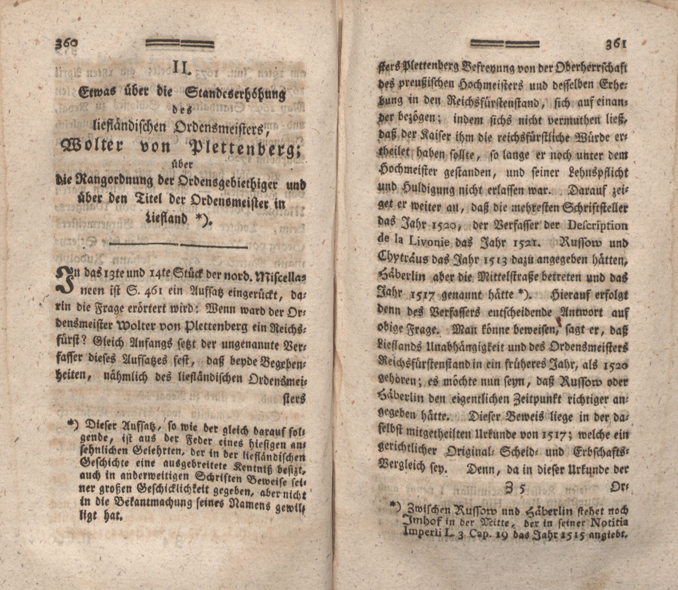 Etwas über die Standeserhöhung des liefländischen Ordensmeisters, Wolter von Plettenberg (1790) | 1. (360-361) Põhitekst