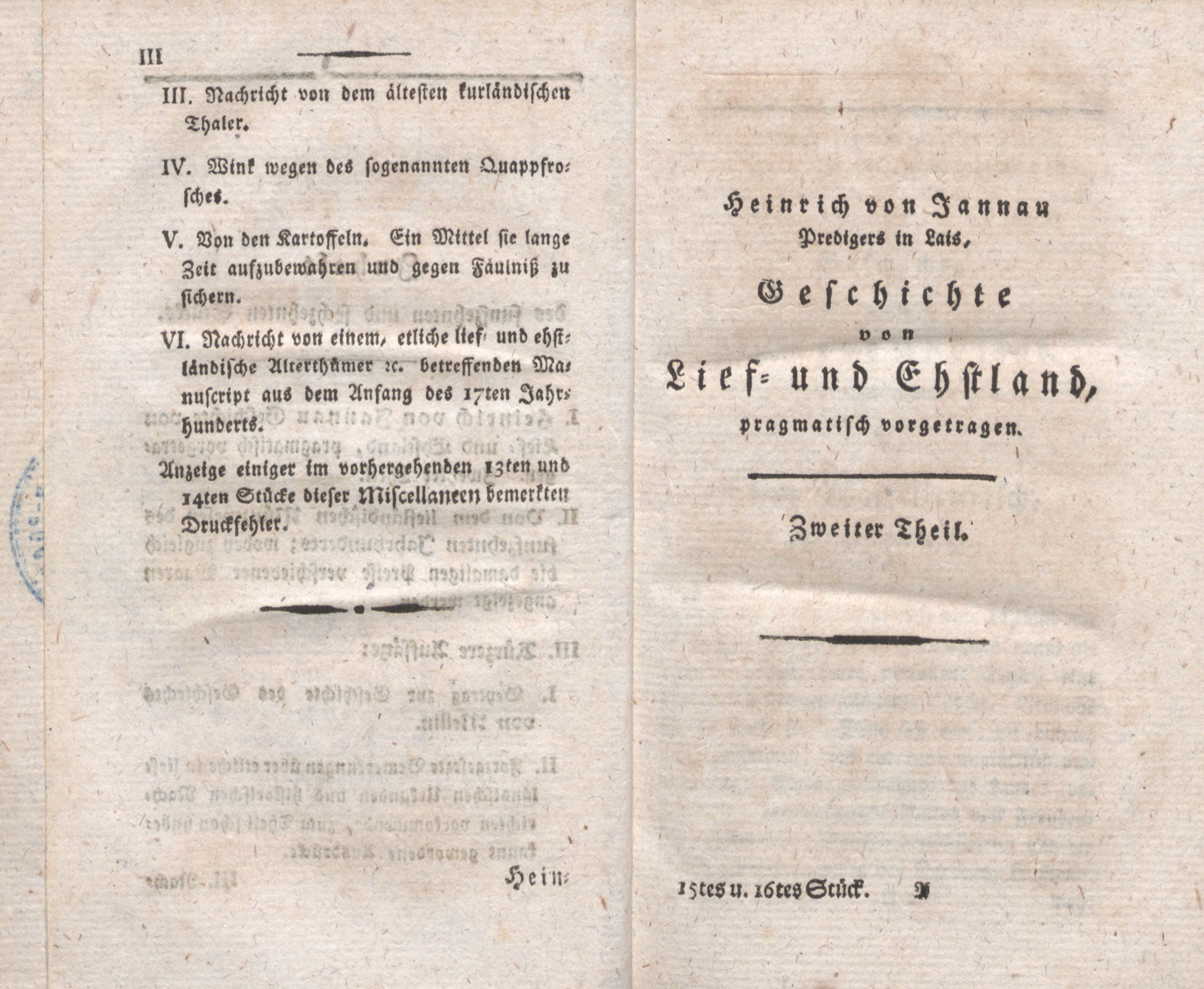 Geschichte von Lief- und Ehstland [2] (1797) | 1. (III) Table of contents, Main body of text