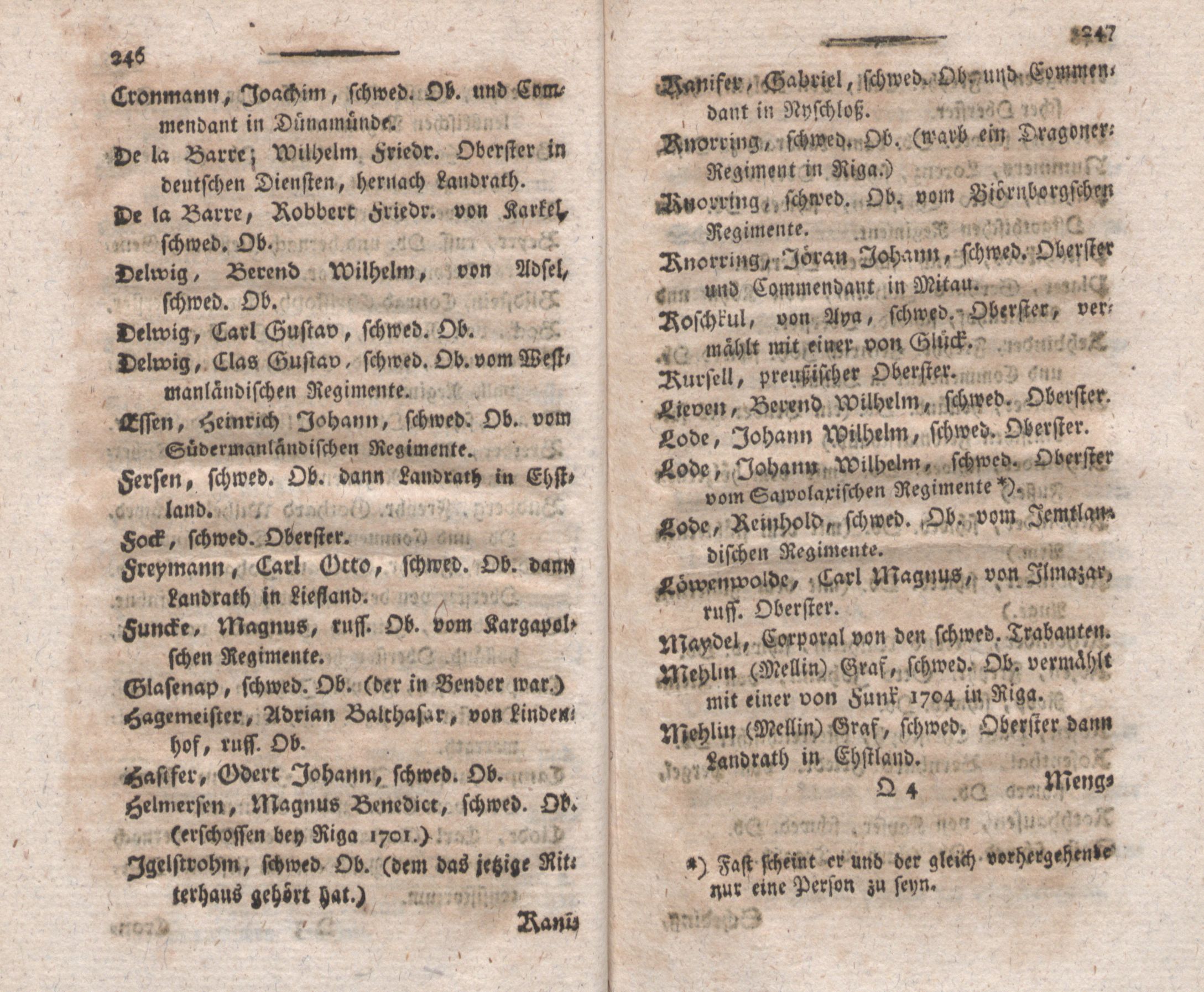Alphabetisches Verzeichniss der Lief- und Ehstländer, welche vom Jahre 1700 bis 1747 in Diensten gestanden haben (1797) | 6. (246-247) Haupttext