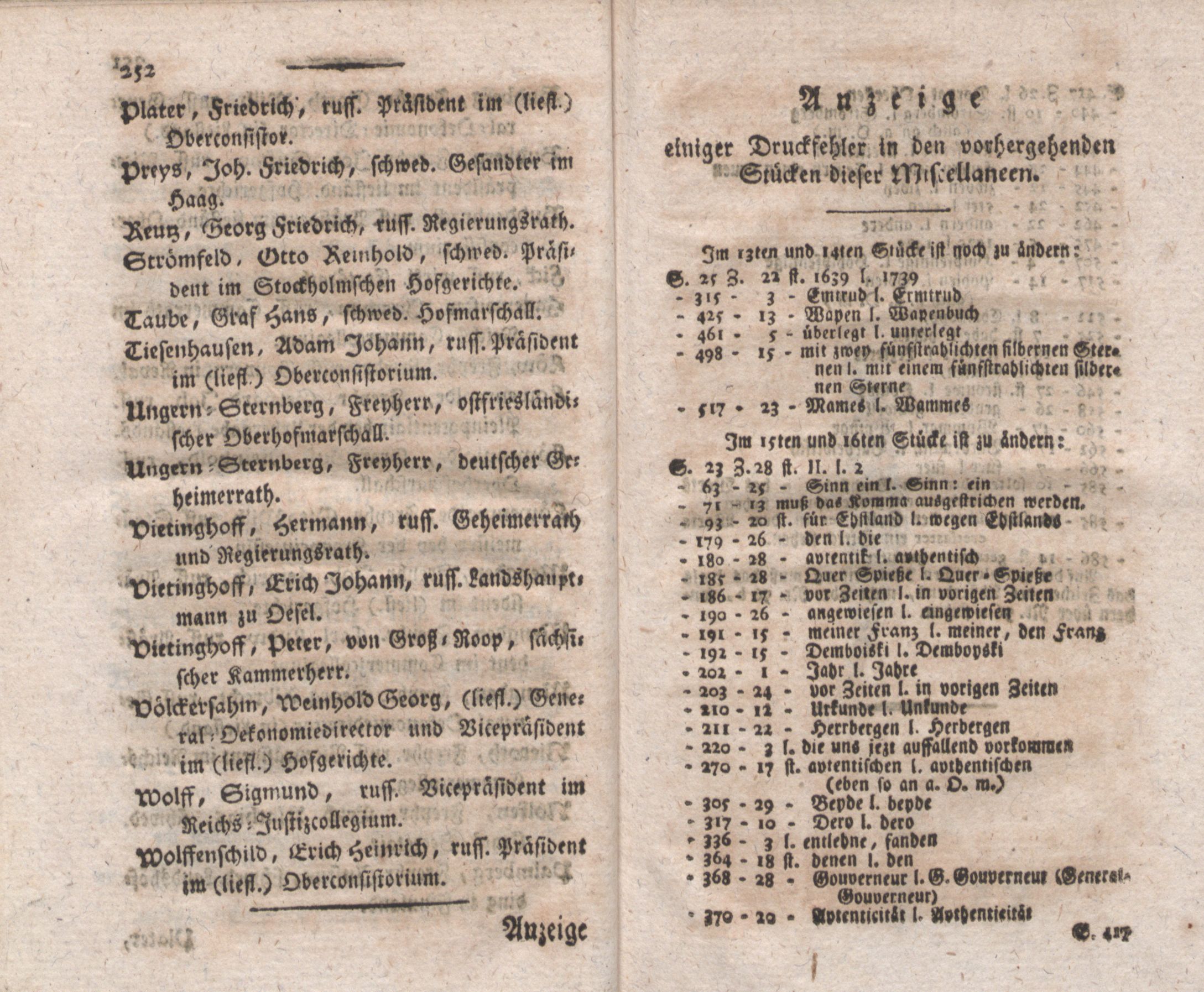 Alphabetisches Verzeichniss der Lief- und Ehstländer, welche vom Jahre 1700 bis 1747 in Diensten gestanden haben (1797) | 9. (252) Druckfehlerverzeichnis